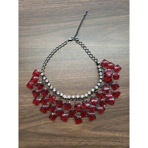 Vintage Choker 16” Red Square Beads, Clear Rhinestone, Gunmetal Silver Necklace